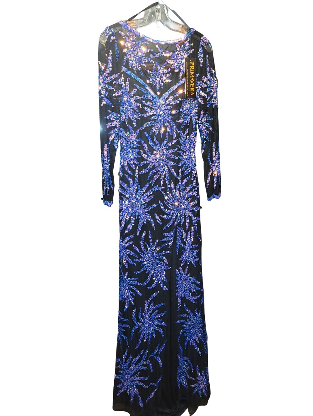 NWT Primavera Couture Black Maxi Gown with Purple Iridescent Sequin Starburst